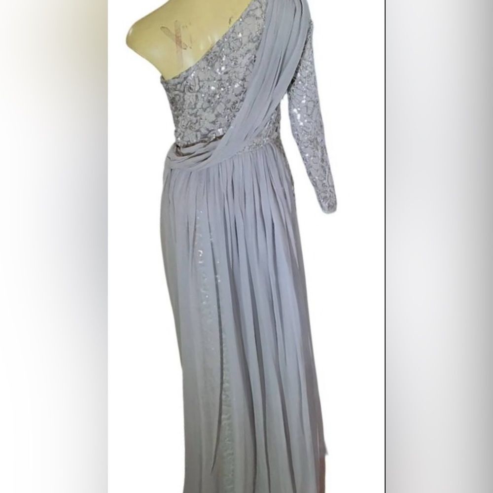 Elegant 80’s Style Silver Sequin One Shoulder Evening Gown Chiffon & Rose M - Picture 7 of 8